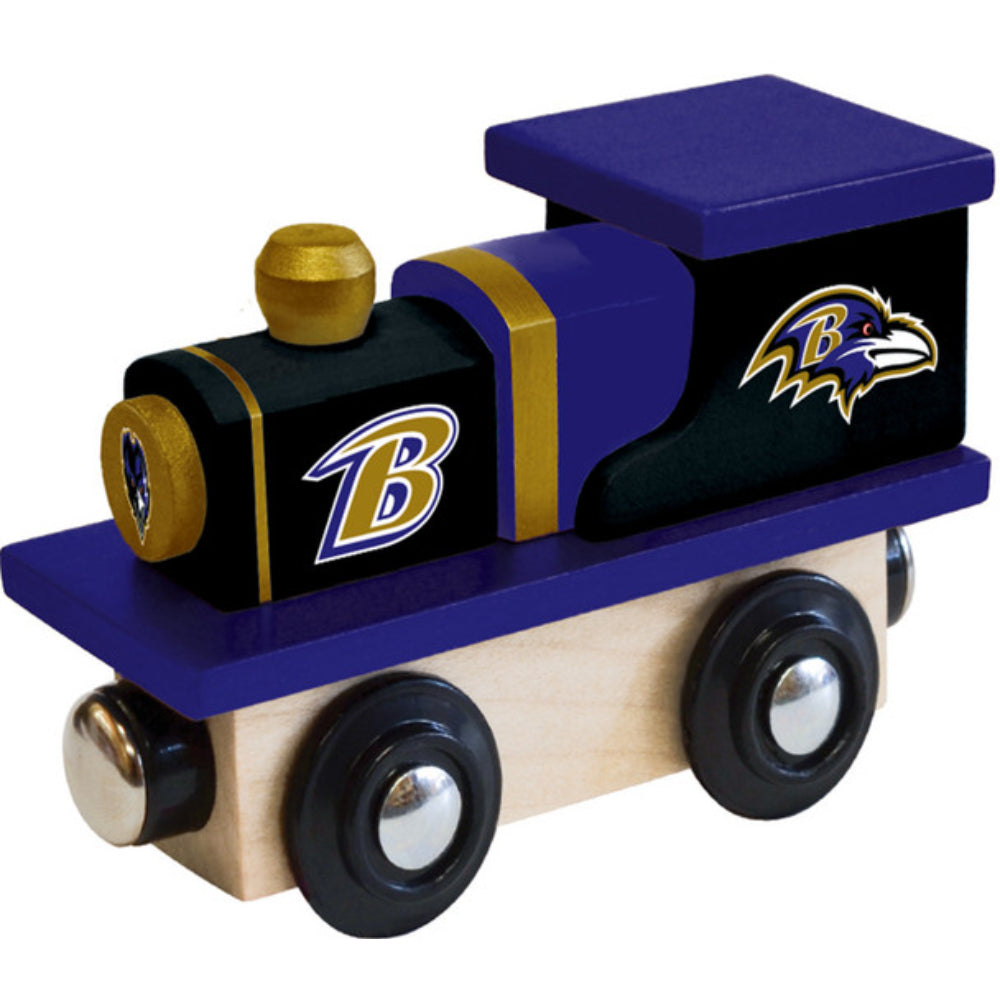 Wooden toy train engine with Baltimore Ravens logo on a white background