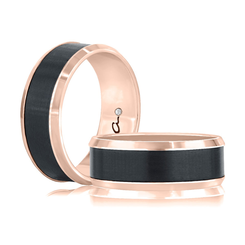 A. Jaffe Black Zirconium & 14k Rose Gold Satin Band with Beveled Edges