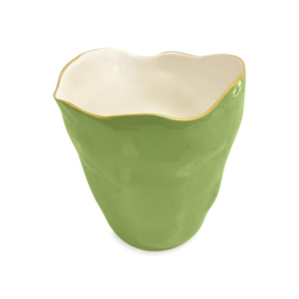 Green ceramic vase with a gold rim on a white background