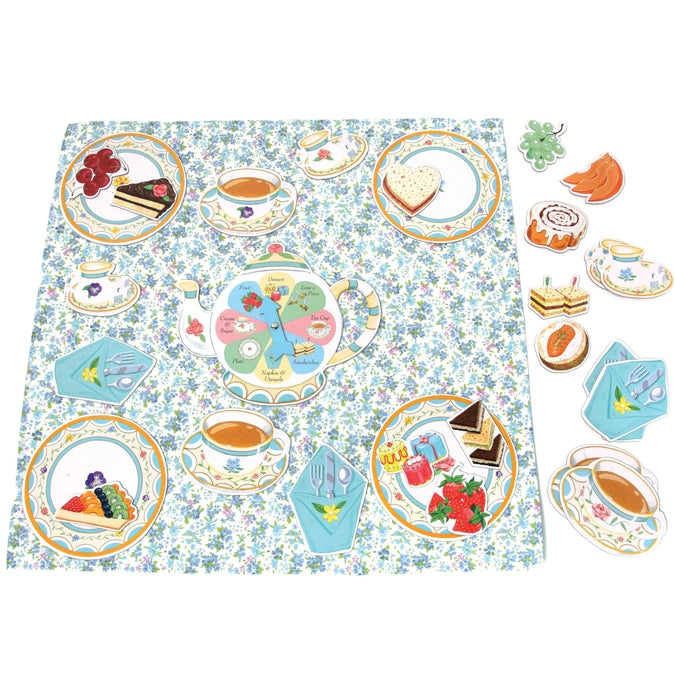 Decorative placemat with illustrations of food and tea sets on a floral patterned background.
