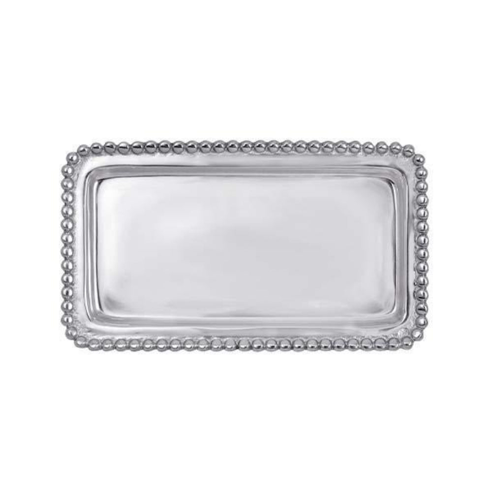 Silver rectangular tray with beaded edge on a white background