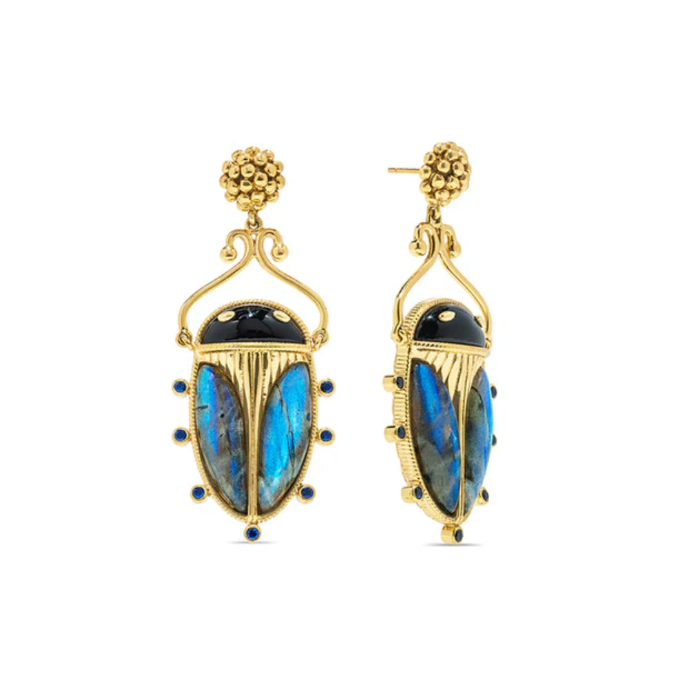 Capucine de Wulf Scarab Berry Drop Earrings - Black Agate & Blue Labradorite