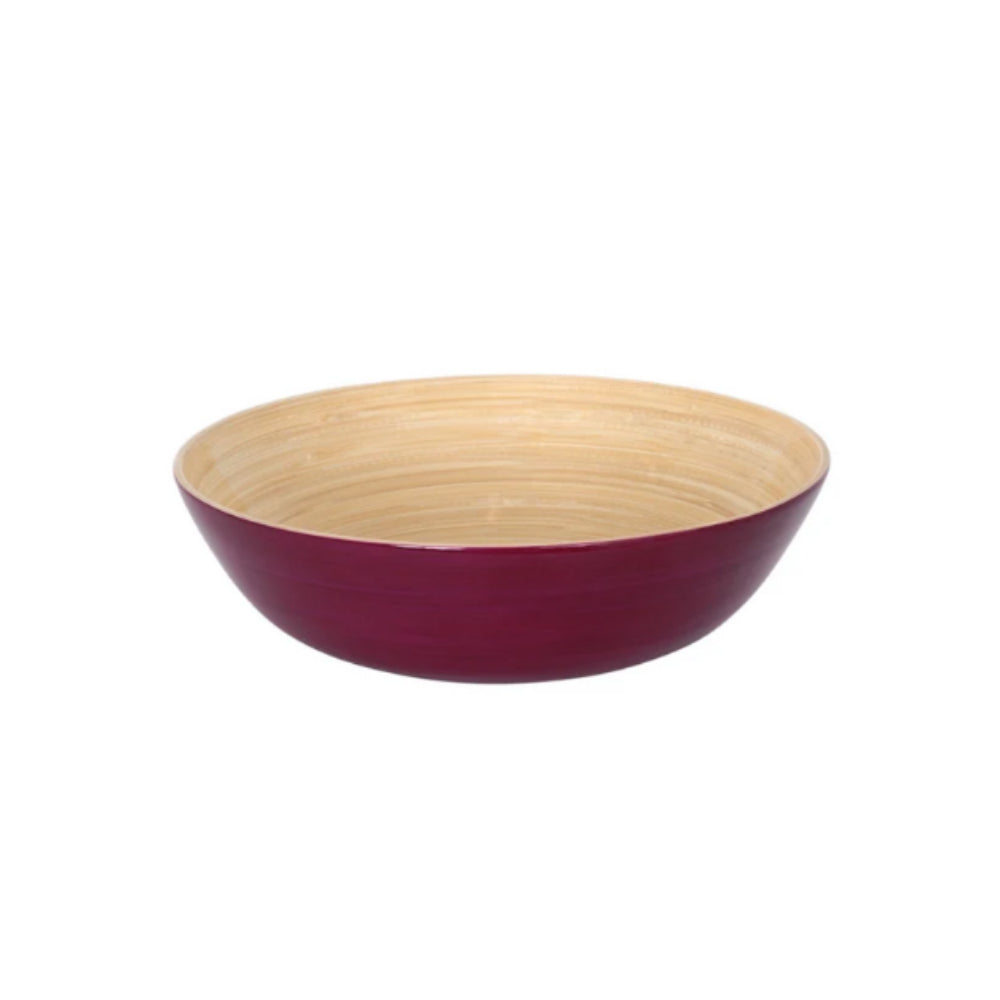 A round bowl with a deep burgundy exterior and a light natural bamboo wood grain interior, shown against a plain white background.