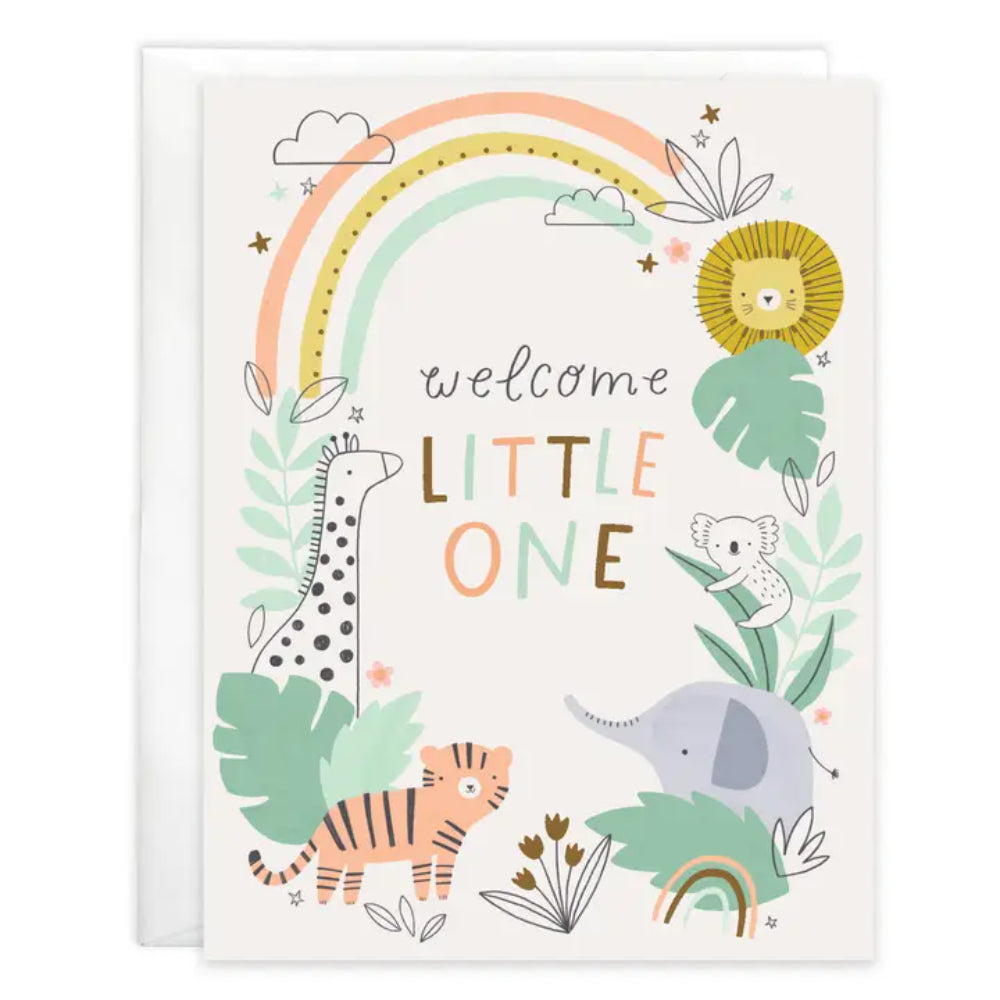 Birthday greeting card with animal dsigns on white card.