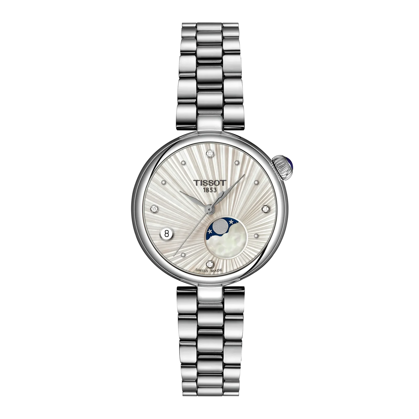 Tissot 1813 women's watch featuring a silver stainless steel link bracelet, a round silver case, and a white mother-of-pearl dial with sunburst detailing, a date window, and a moon phase indicator.