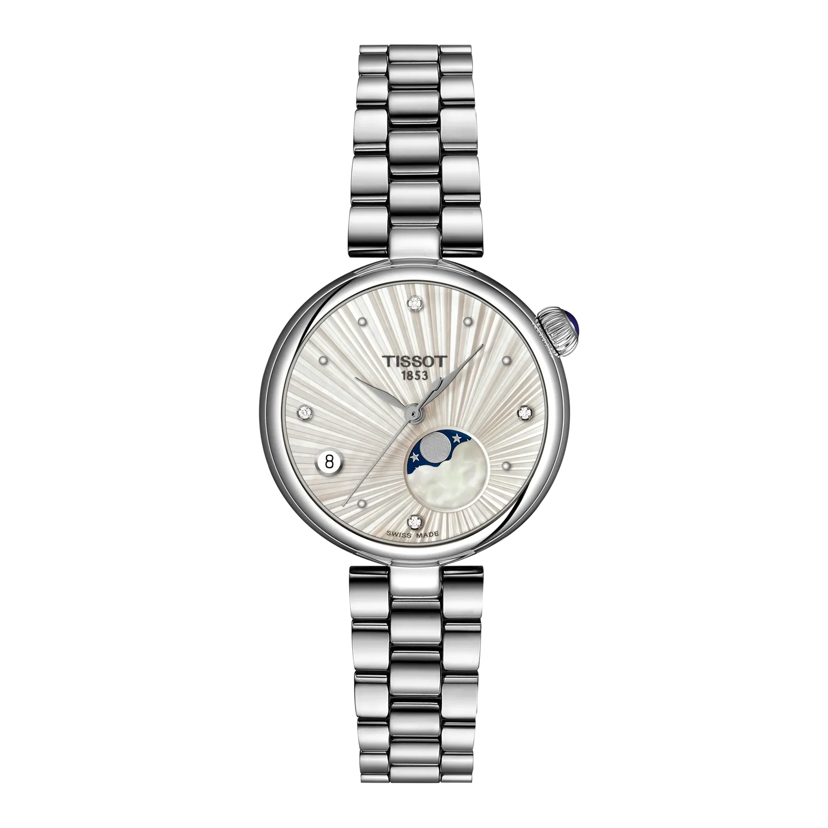 Tissot 1813 women's watch featuring a silver stainless steel link bracelet, a round silver case, and a white mother-of-pearl dial with sunburst detailing, a date window, and a moon phase indicator.