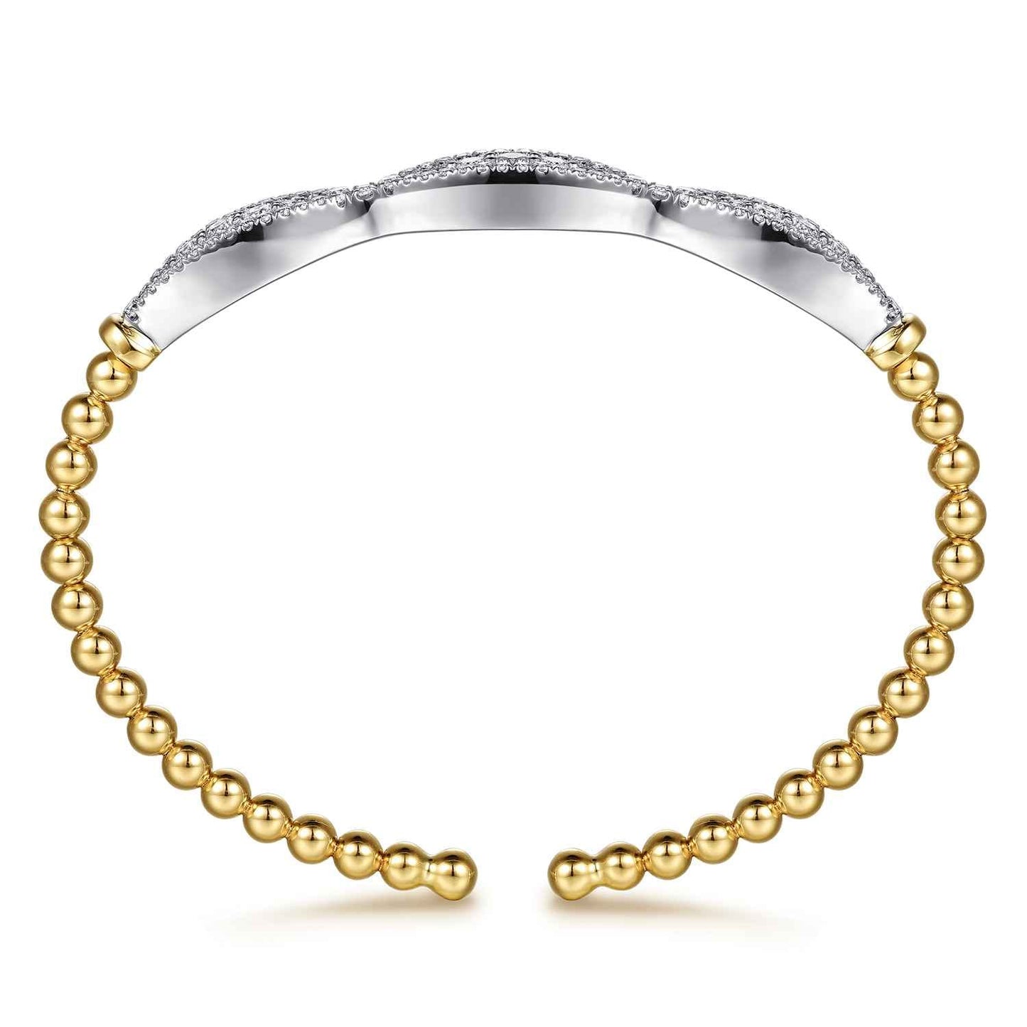 A two-tone open cuff bracelet featuring a polished yellow gold beaded lower section and a silver-toned top band paved with small clear stones, shown on a white background.
