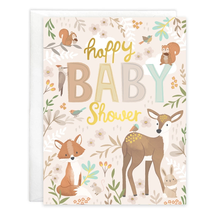Woodland-themed baby shower card with animals and floral elements on a white background
