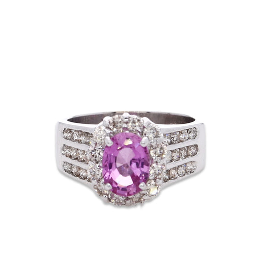 Estate Le Vian 18k White Gold Oval Pink Sapphire and Diamond Halo Ring