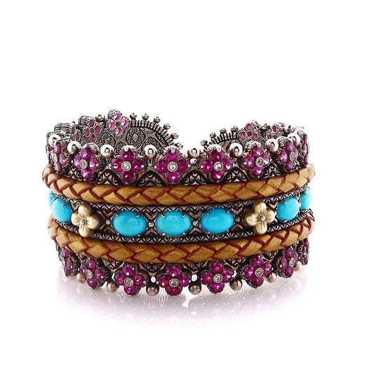 Estate Bixby Two Tone with Leather Braid Multi-Stone Cuff Bracelet