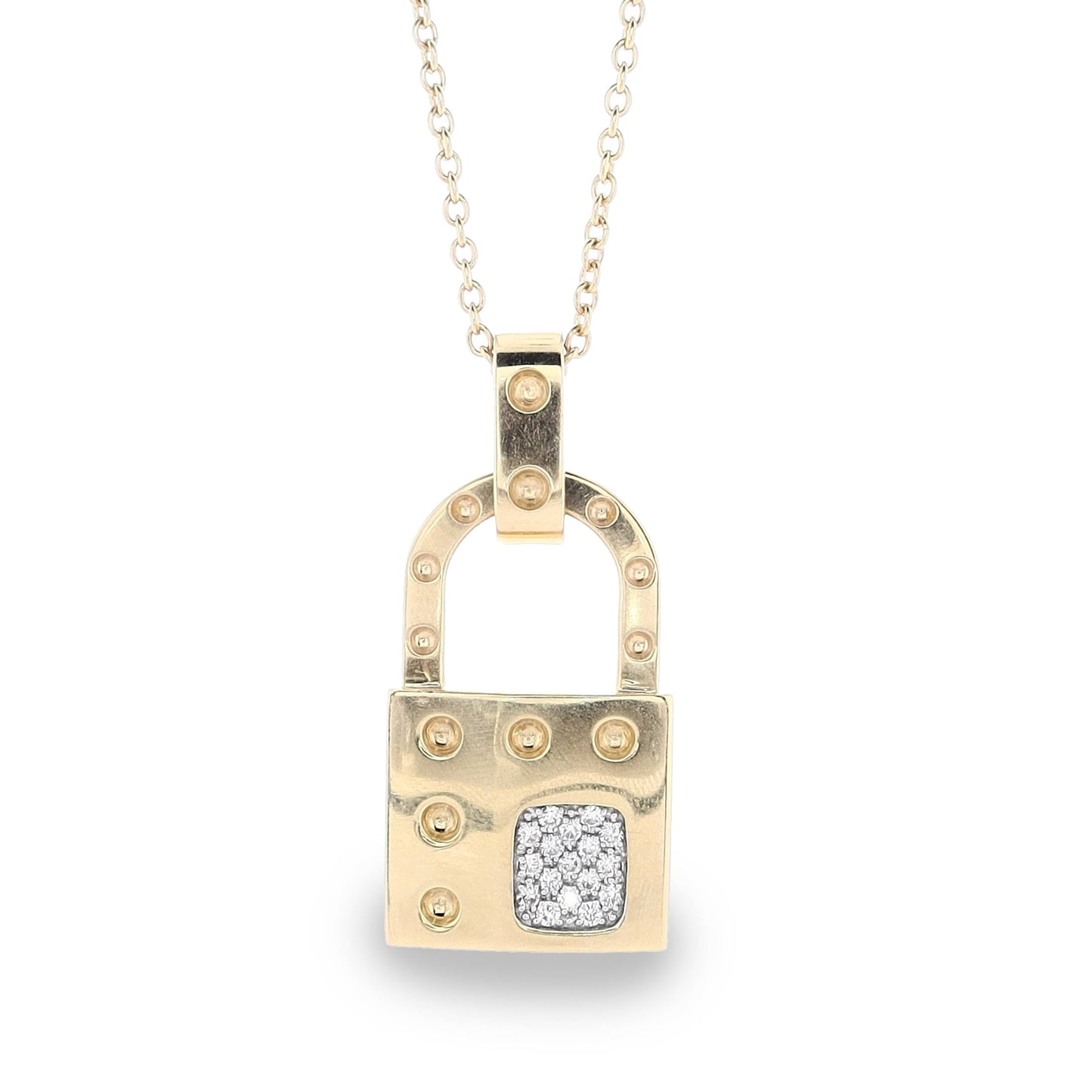 Estate 18k Yellow Gold Roberto Coin "Pois Moi" Lock Pendant With Pave Diamonds Necklace