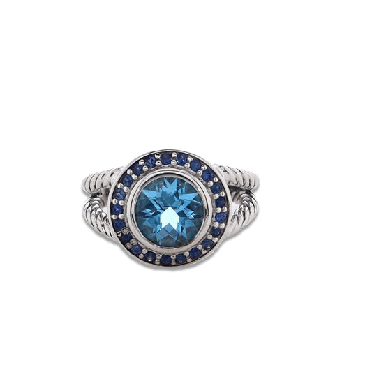 Estate David Yurman Sterling Silver Round Blue Topaz and Sapphire Ring