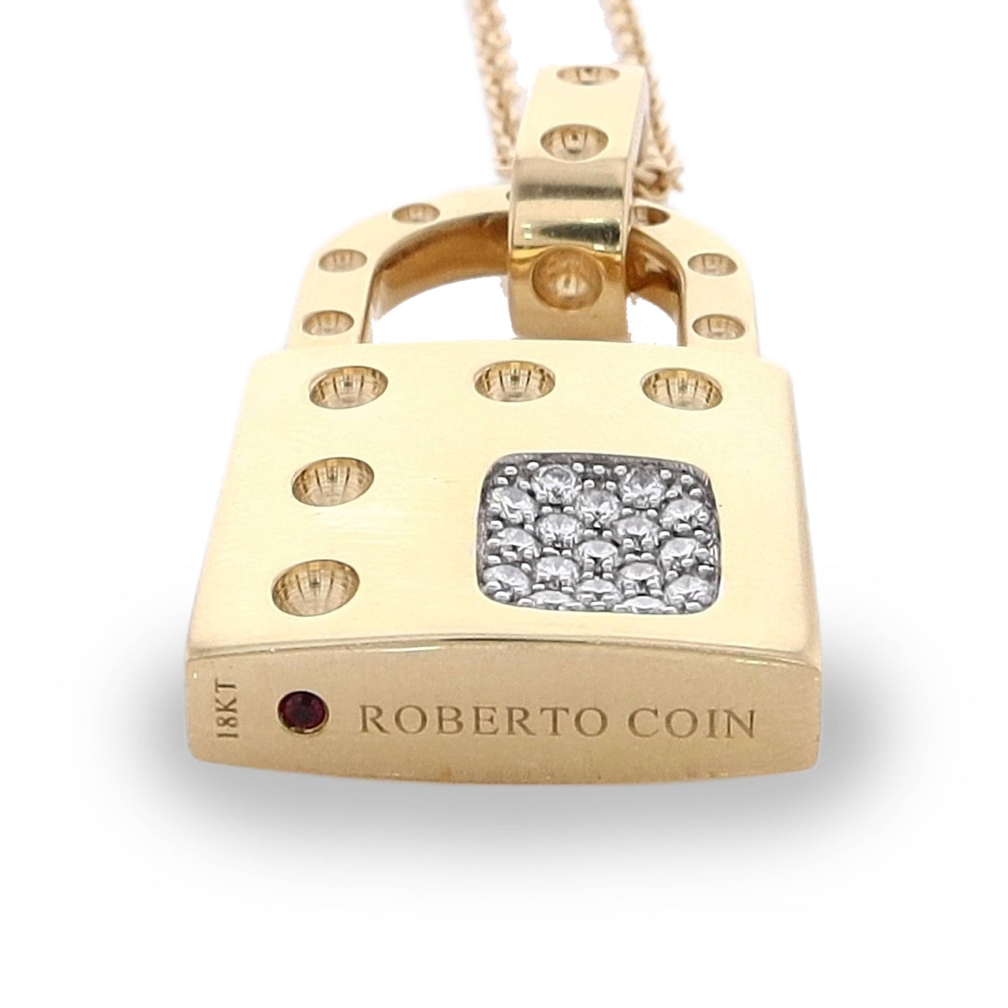 Estate 18k Yellow Gold Roberto Coin "Pois Moi" Lock Pendant With Pave Diamonds Necklace