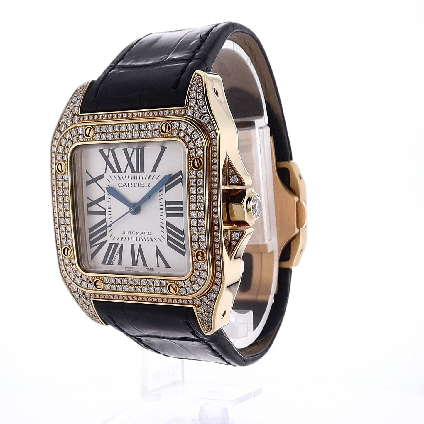 Estate Cartier Santos 100 with Silver Tone Dial and Diamond Case in 18k Yellow Gold