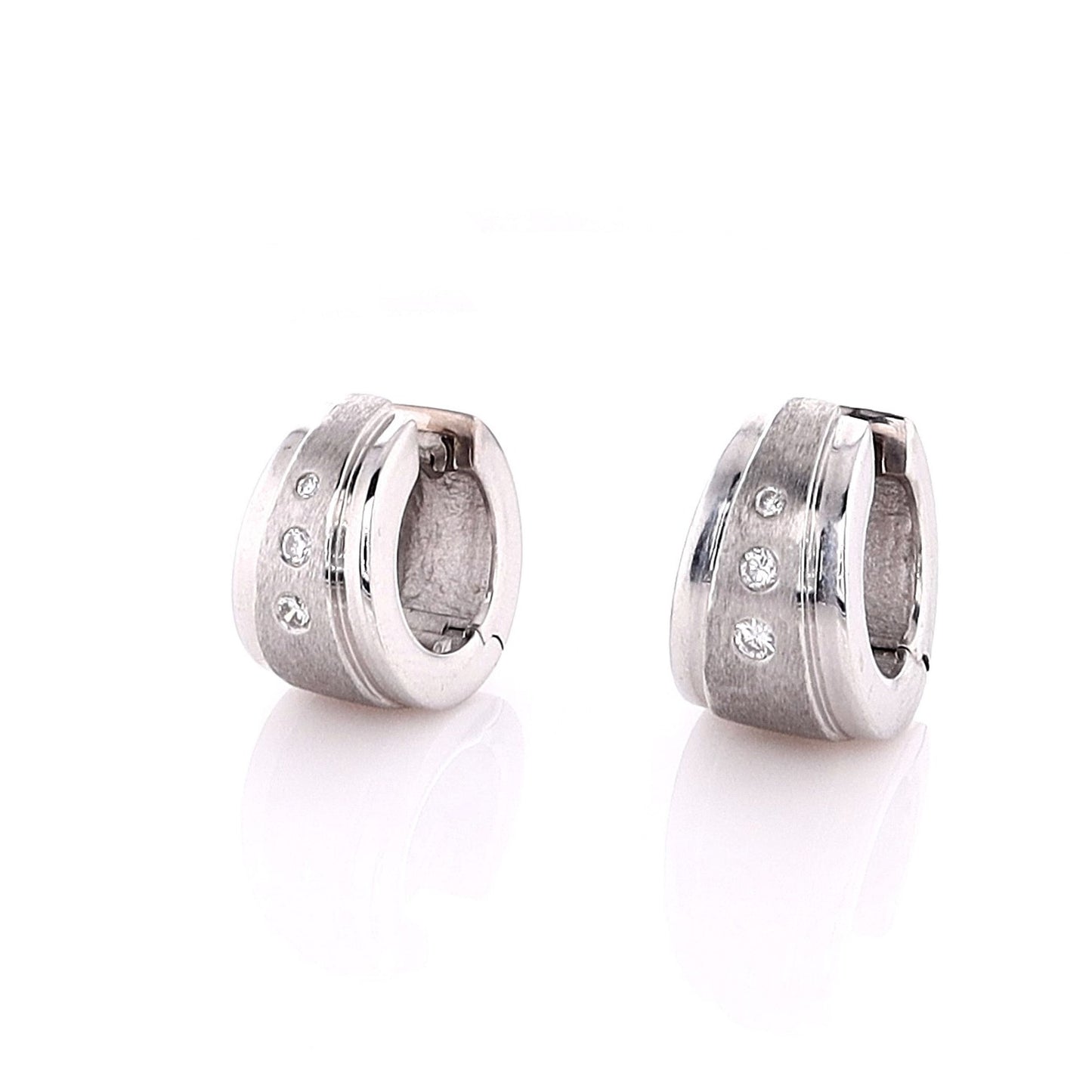 Estate 18k White Gold Tapered Hoop Earrings with Diamonds