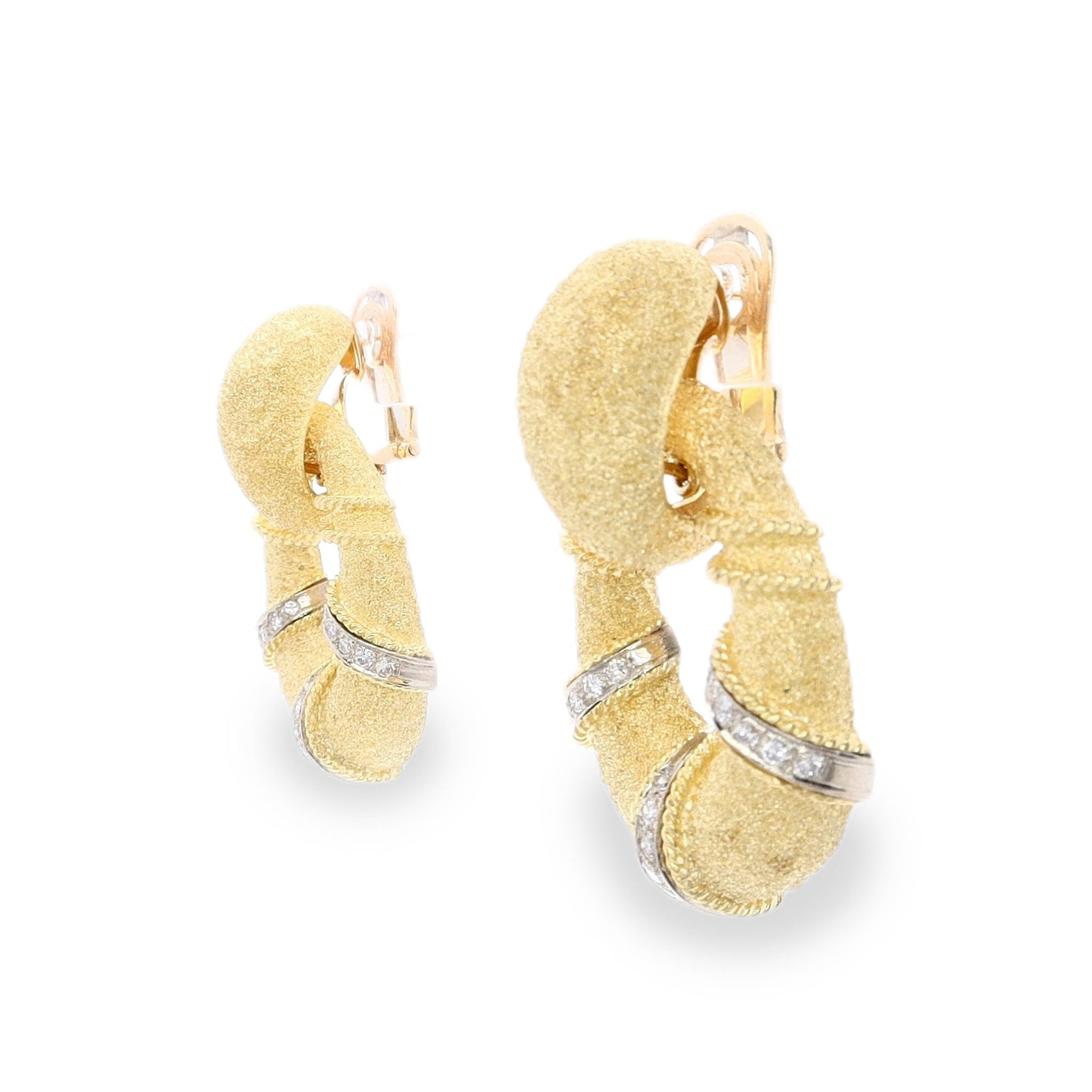 Estate 18k Yellow and White Gold Textured Door Knocker Diamond Earrings
