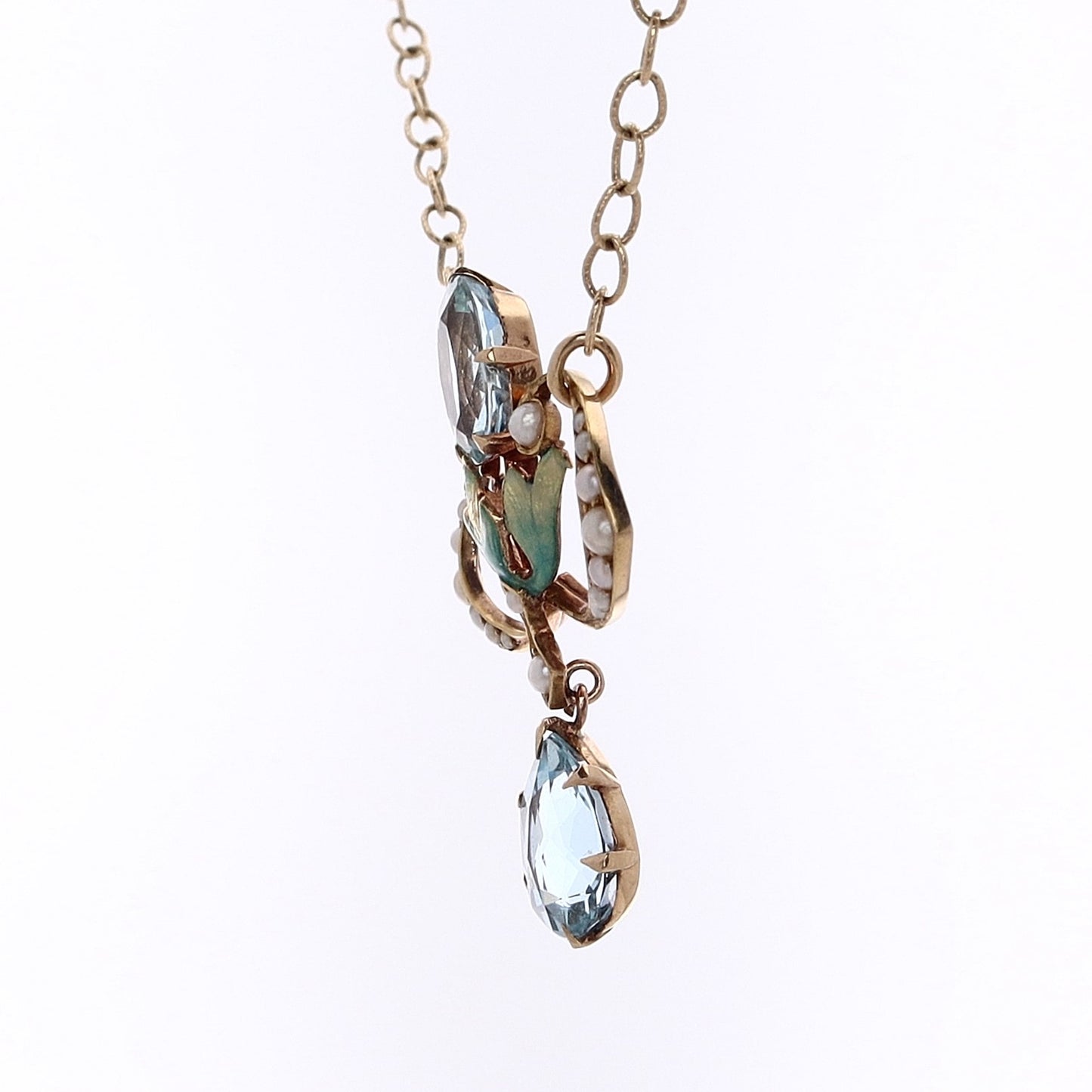 Estate 14 Karat Yellow Gold Aquamarine and Pearl Pendant Necklace