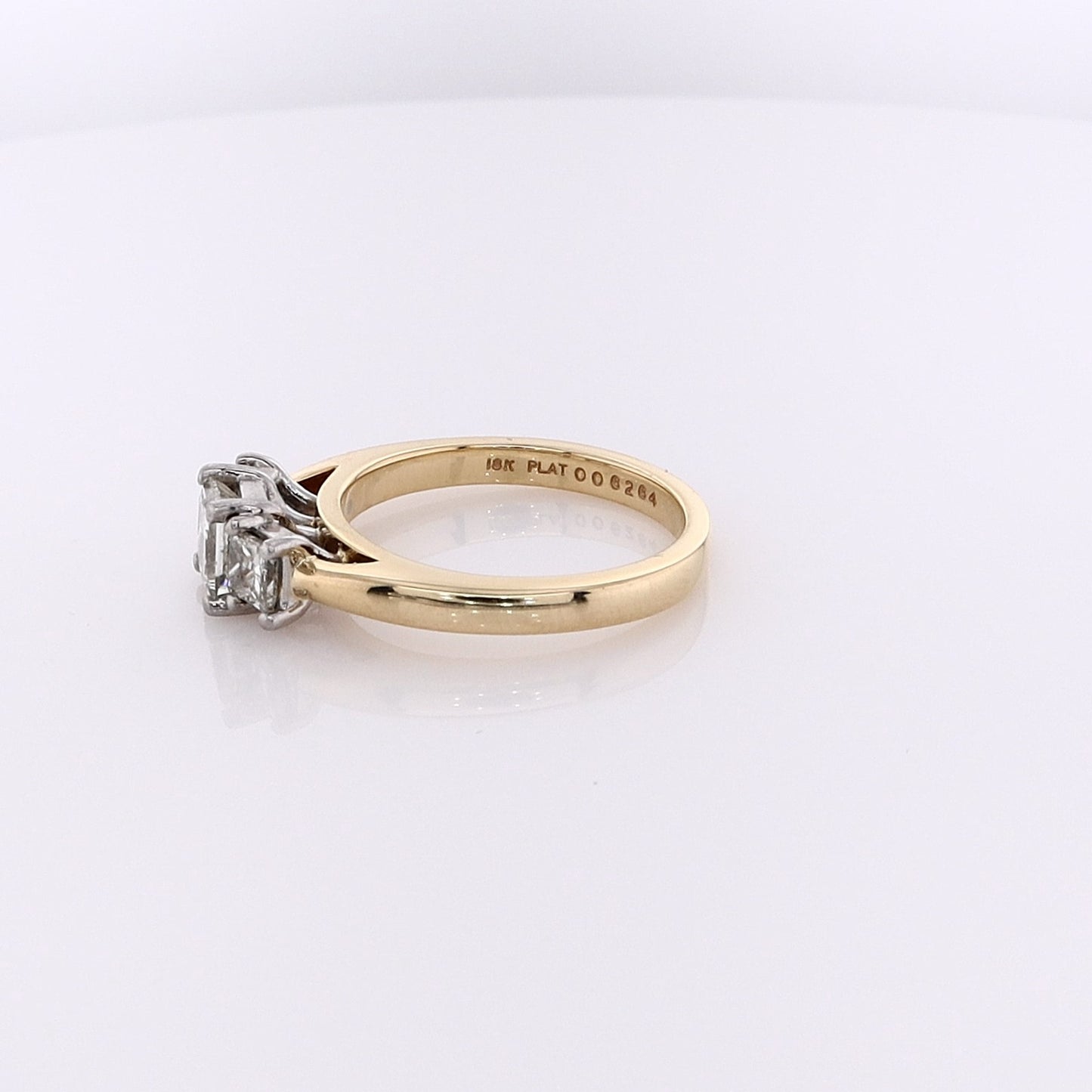 Estate Martin Flyer 18 Karat Yellow Gold and Platinum 3 Across Diamond Engagement Ring