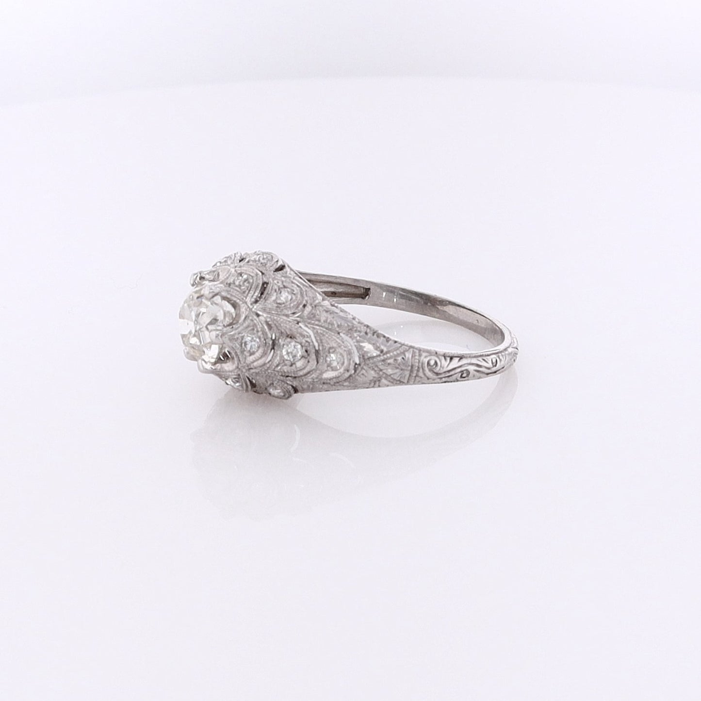 Estate Platinum Fish Scale Design Engraved and Milgrain Diamond Ring