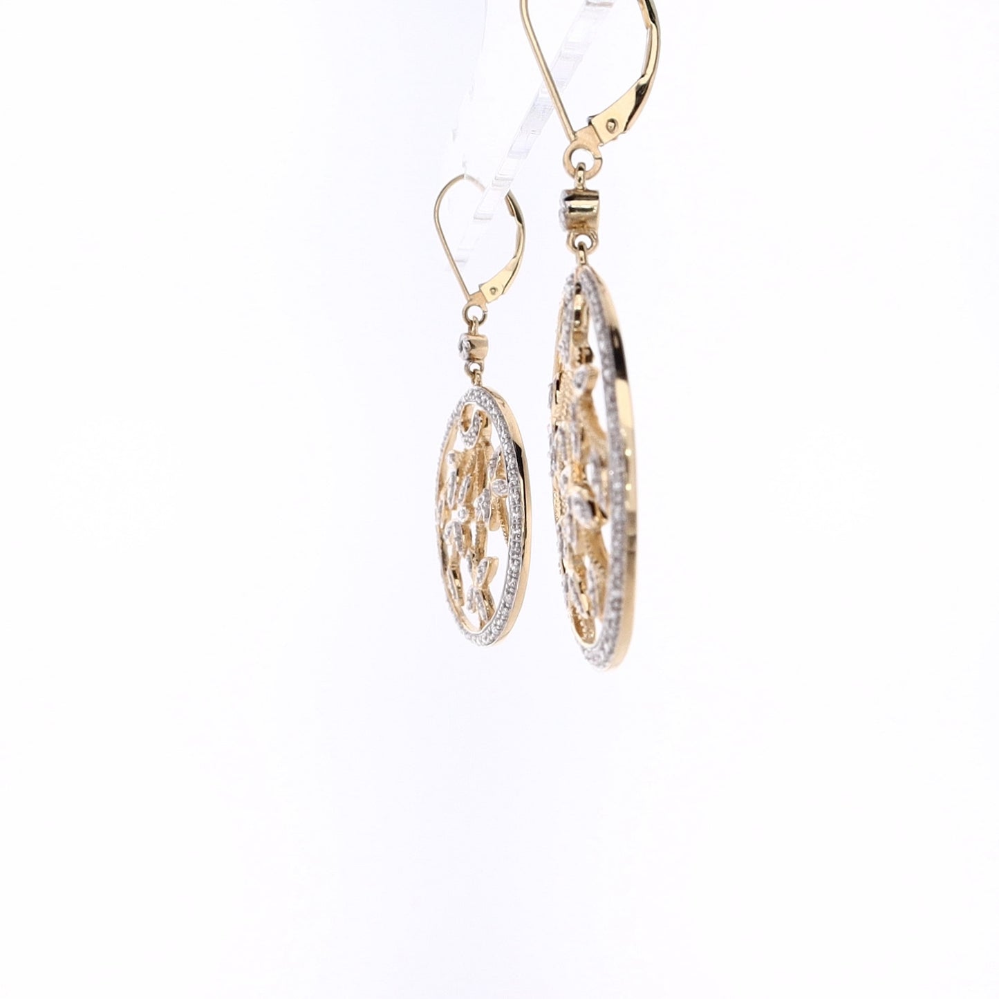 Estate 14 Karat Two-Tone Round Open Work Leaf Design Diamond Dangle Earrings