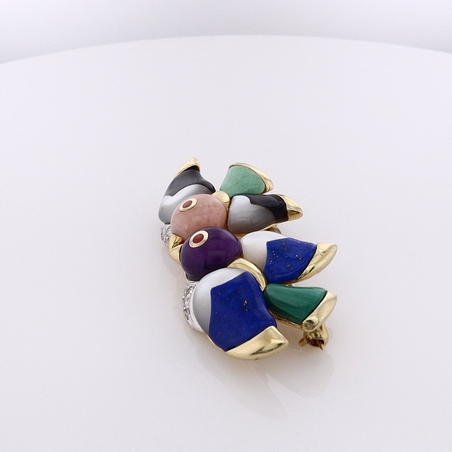 Estate 14 Karat Yellow Gold Double Bird Multi Stone Pin