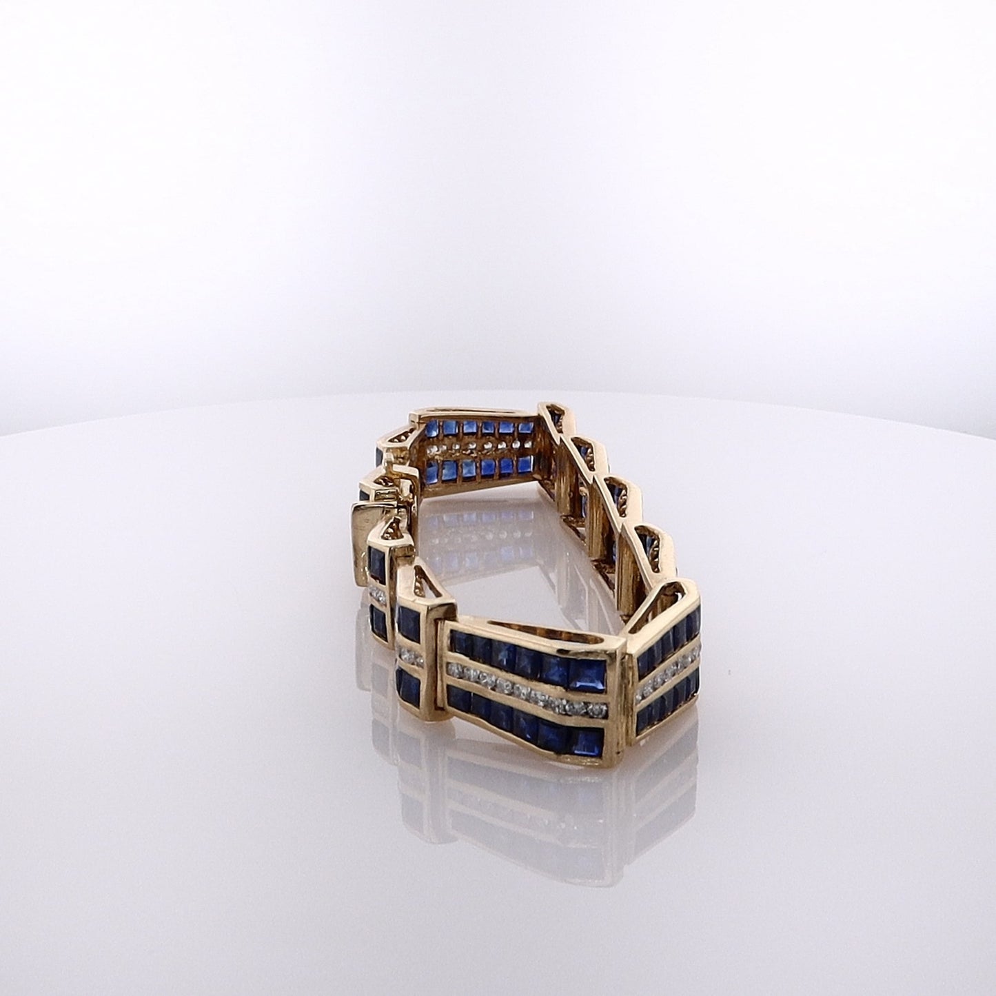 Estate 18 Karat Yellow Gold Tapered Link Sapphire and Diamond Bracelet