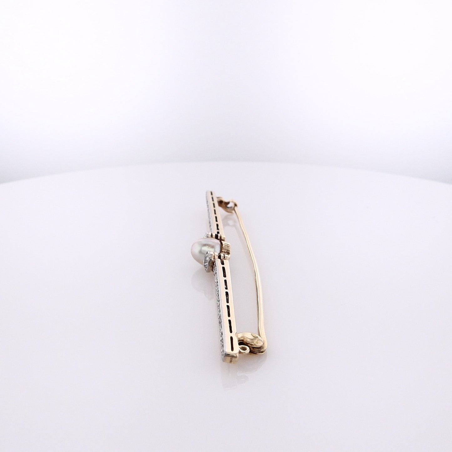 Estate 14 Karat White and Yellow Gold Pearl and Diamond Bar Pin