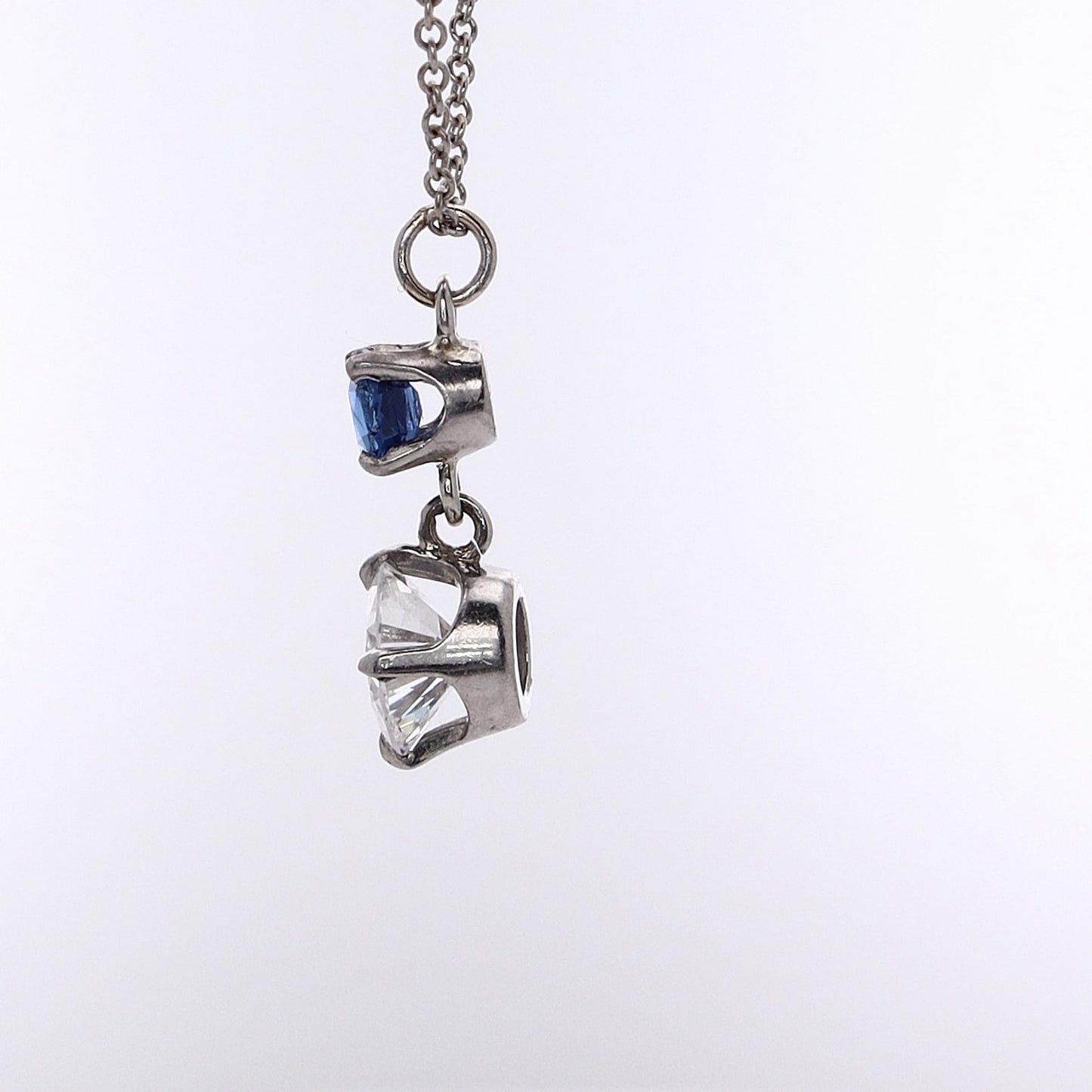 Estate Platinum and 18 Karat White Gold Diamond and Sapphire Dangle Pendant Necklace
