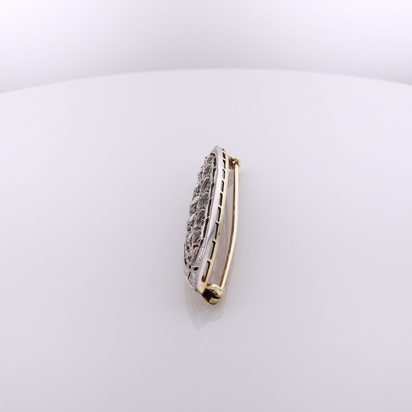 Estate 14 Karat White Gold Oblong Design Filigree Diamond Pin