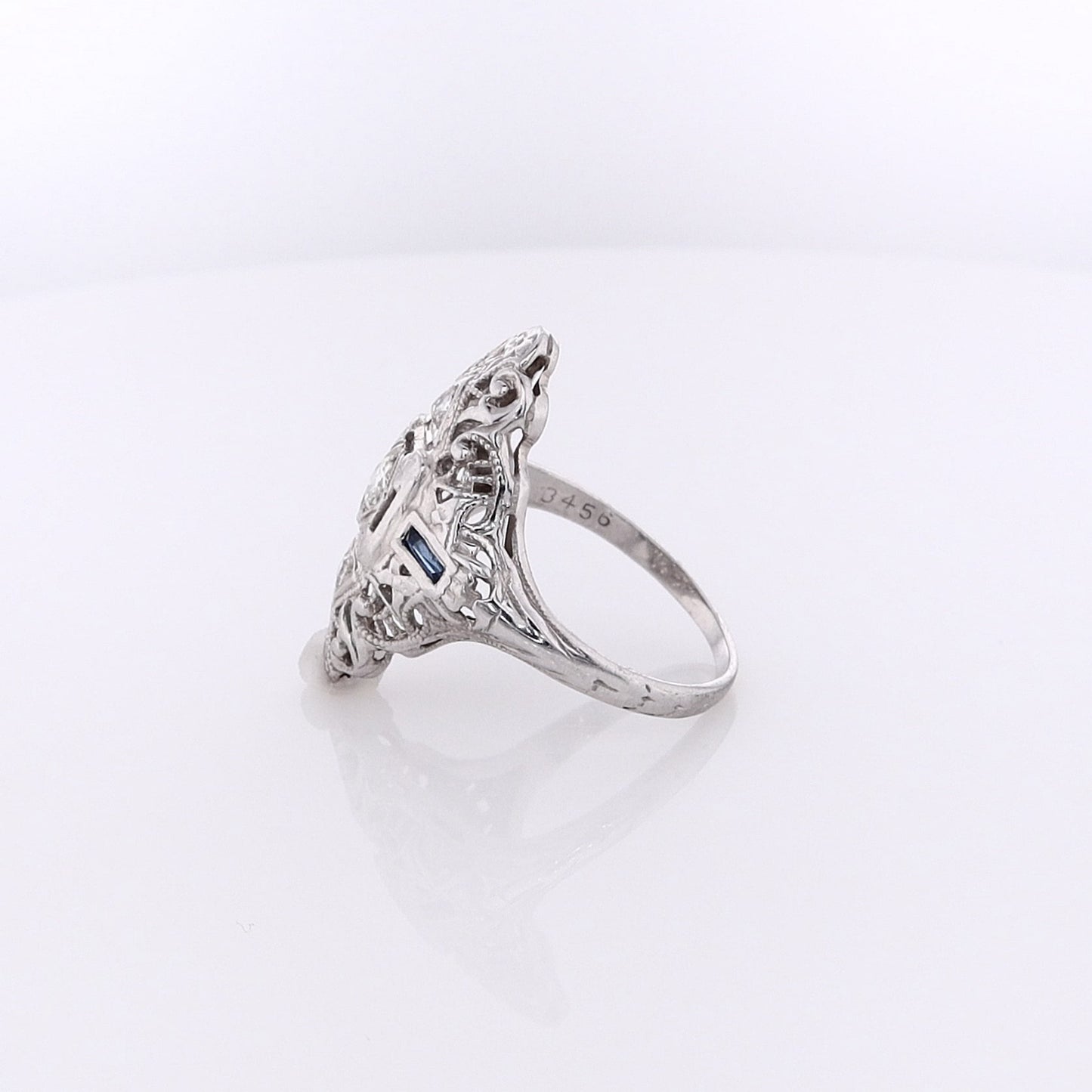 Estate 18 Karat White Gold Sapphire and Diamond Nevette Filagree Design Ring