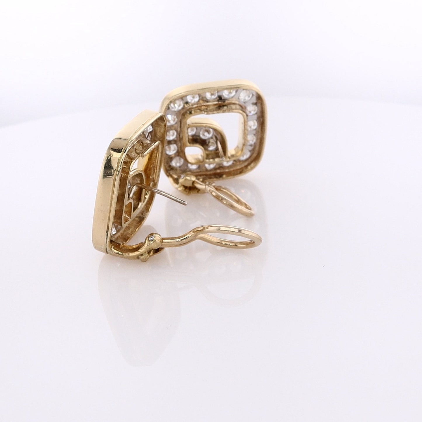 Estate 18 Karat Two-Tone Open Square Design Diamond Earrings