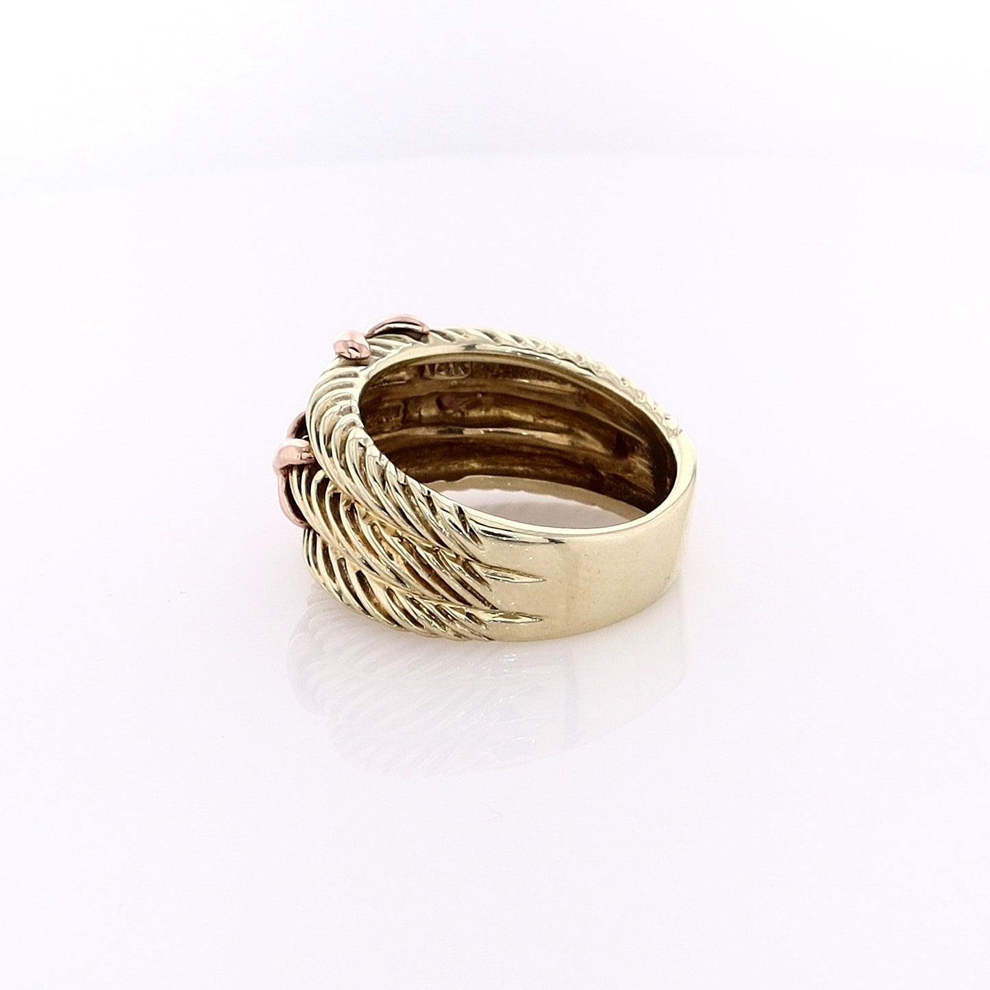 Estate David Yurman 18 Karat Yellow Gold Band Triple Cable with Rose Gold 'X' Design Ring