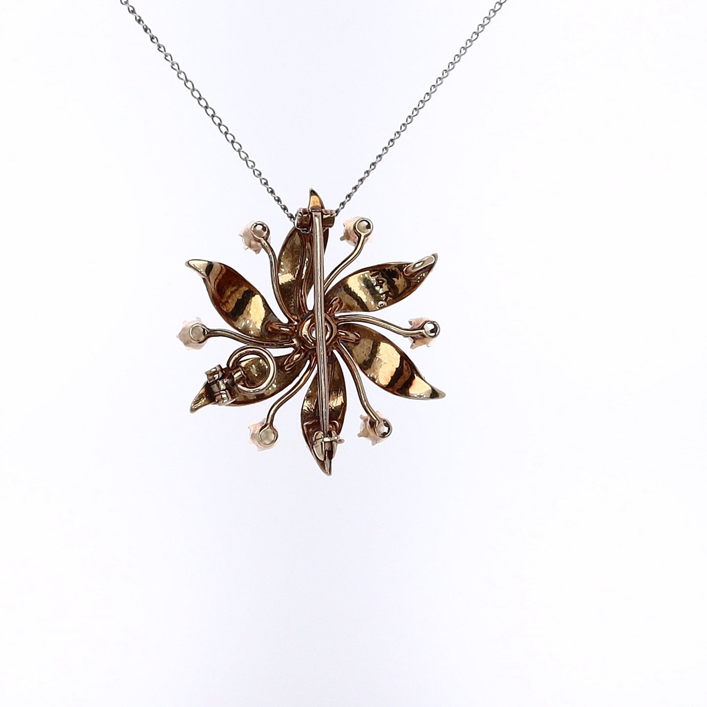 Estate 14 Karat Yellow Gold Flower Design Pearl and Diamond Pin