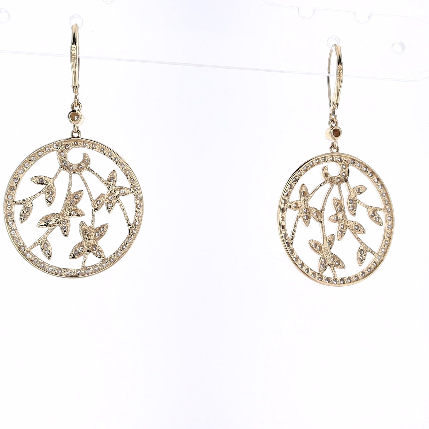 Estate 14 Karat Two-Tone Round Open Work Leaf Design Diamond Dangle Earrings