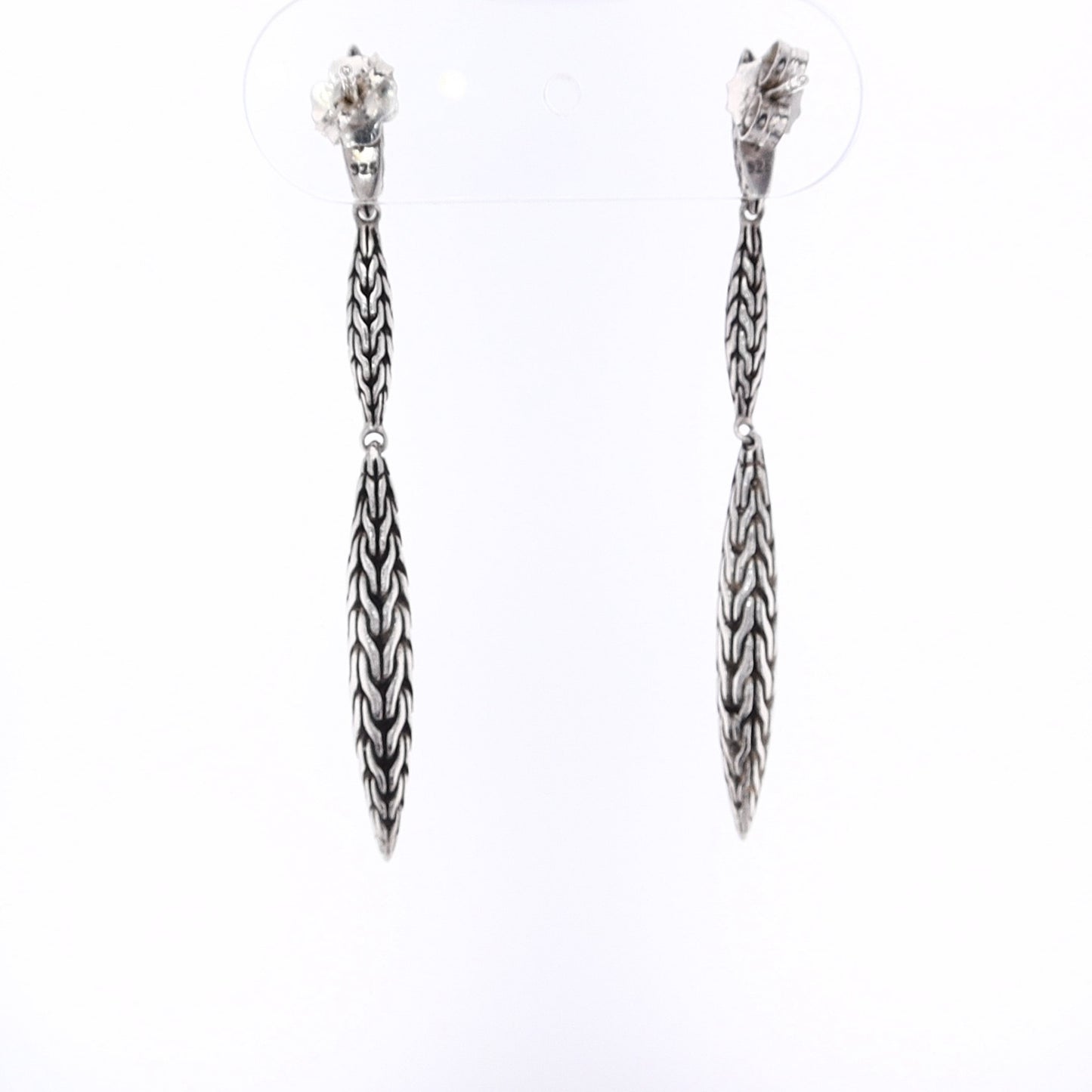 Estate John Hardy Sterling Silver Double Carved Chain Marquis Drop Earrings
