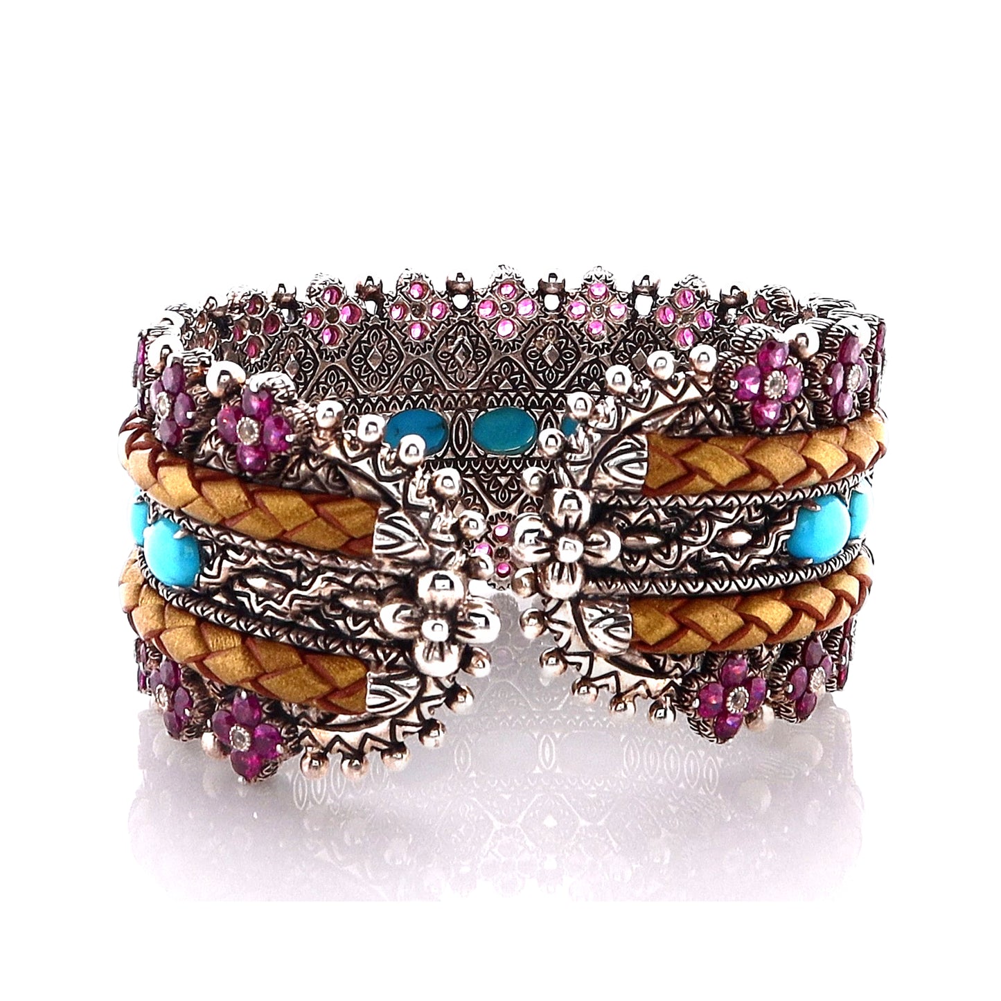 Estate Bixby Two Tone with Leather Braid Multi-Stone Cuff Bracelet
