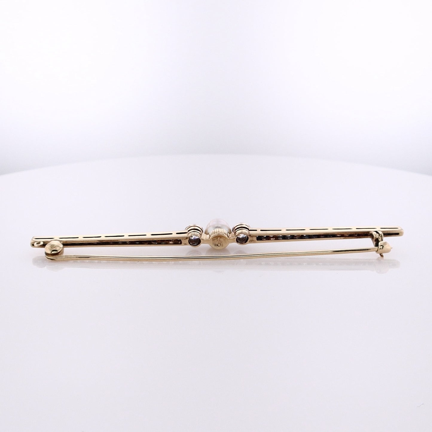 Estate 14 Karat White and Yellow Gold Pearl and Diamond Bar Pin