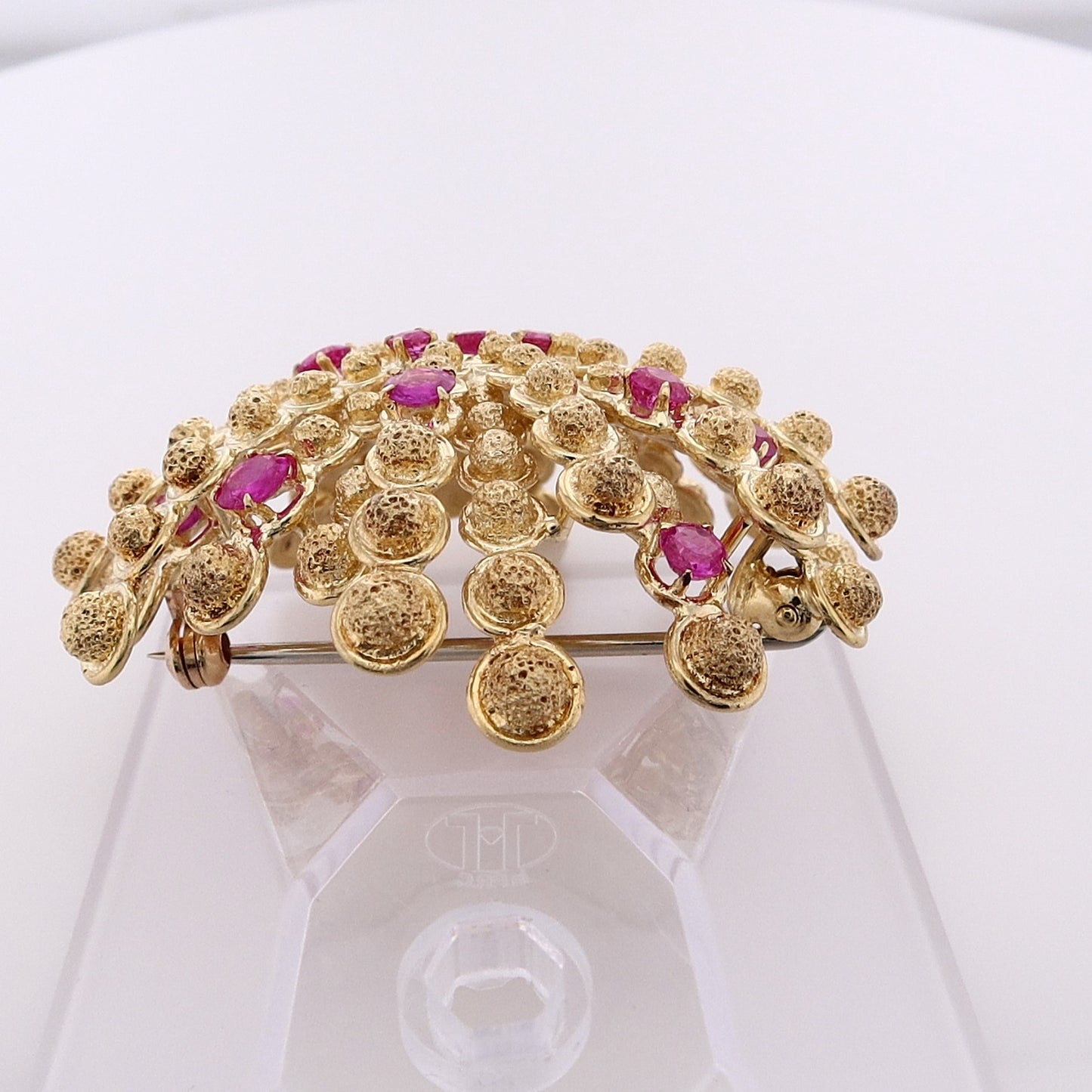Estate Tiffany and Co 18 Karat Yellow Gold Domed Textured Coral Design Pink Sapphire Pin