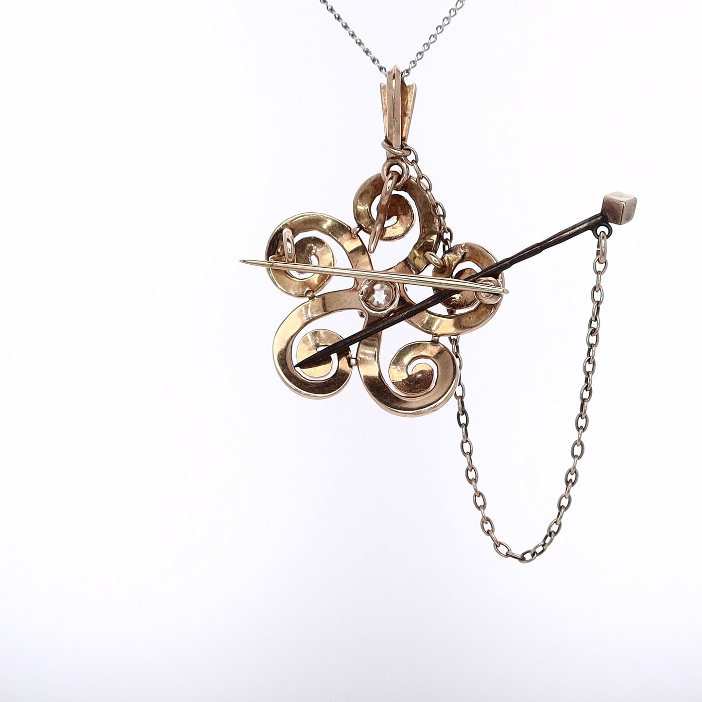 Estate 14 Karat Yellow Gold Flower Design Diamond and Seed Pearl Pin Pendant