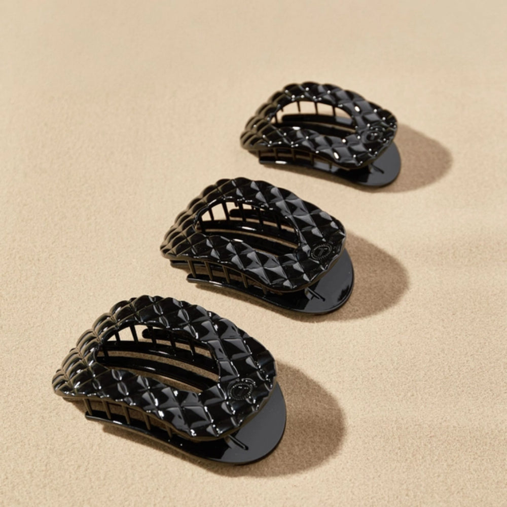 TELETIES Jet Black Quilted Flat Round Hair Clip