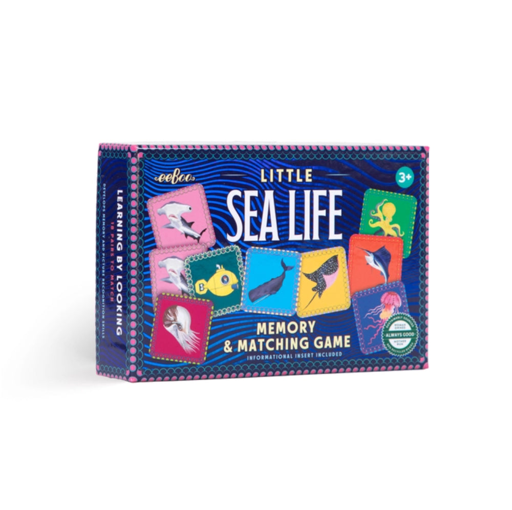 Children's memory and matching game box titled 'Little Sea Life' on a white background