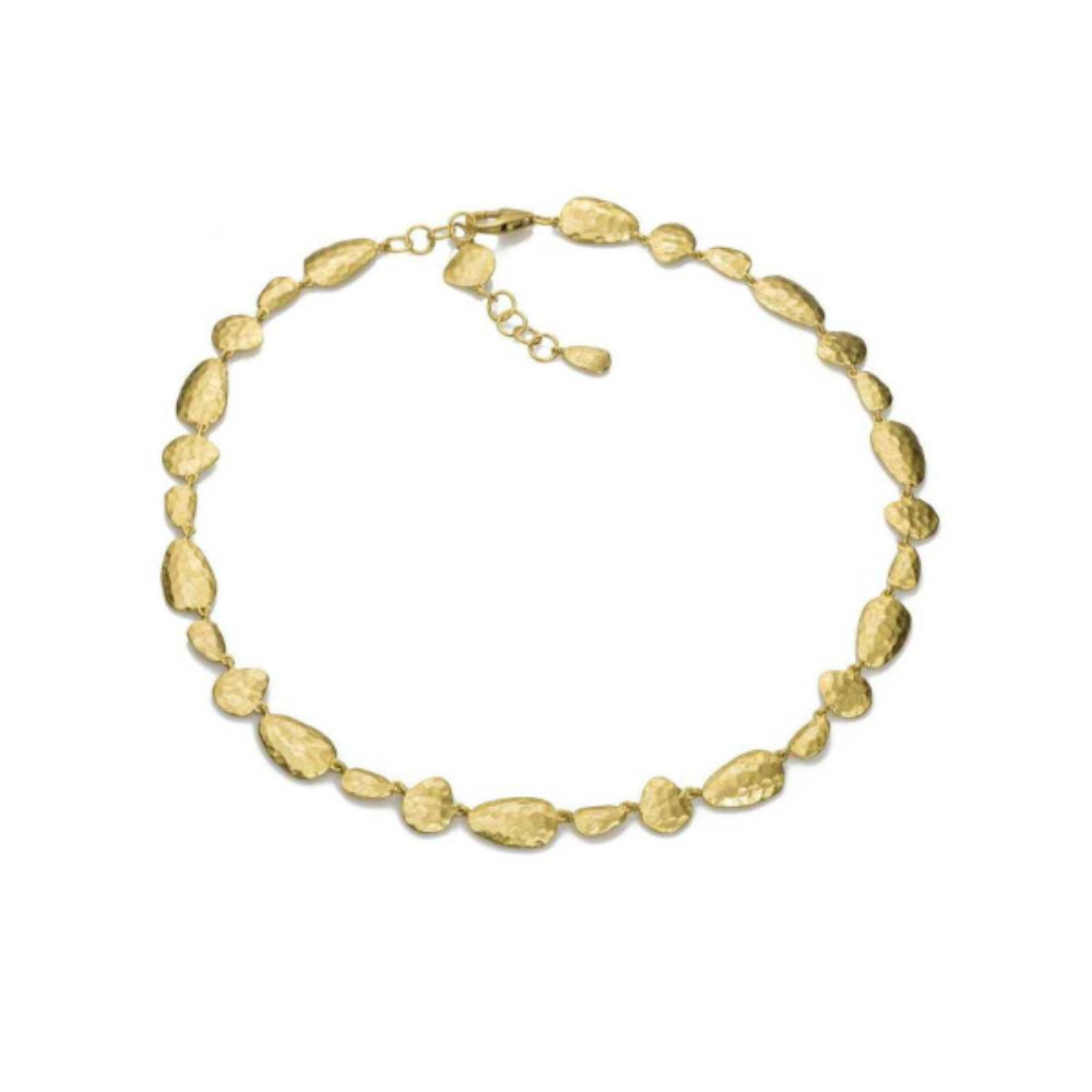 A gold leaf-link chain bracelet with irregular, textured teardrop-shaped links, displayed on a clean white background.