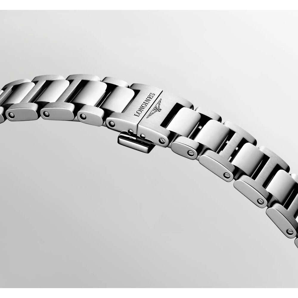 Close-up of a stainless steel watch band clasp with the Longines logo engraved on the metal, set against a light gray gradient background.
