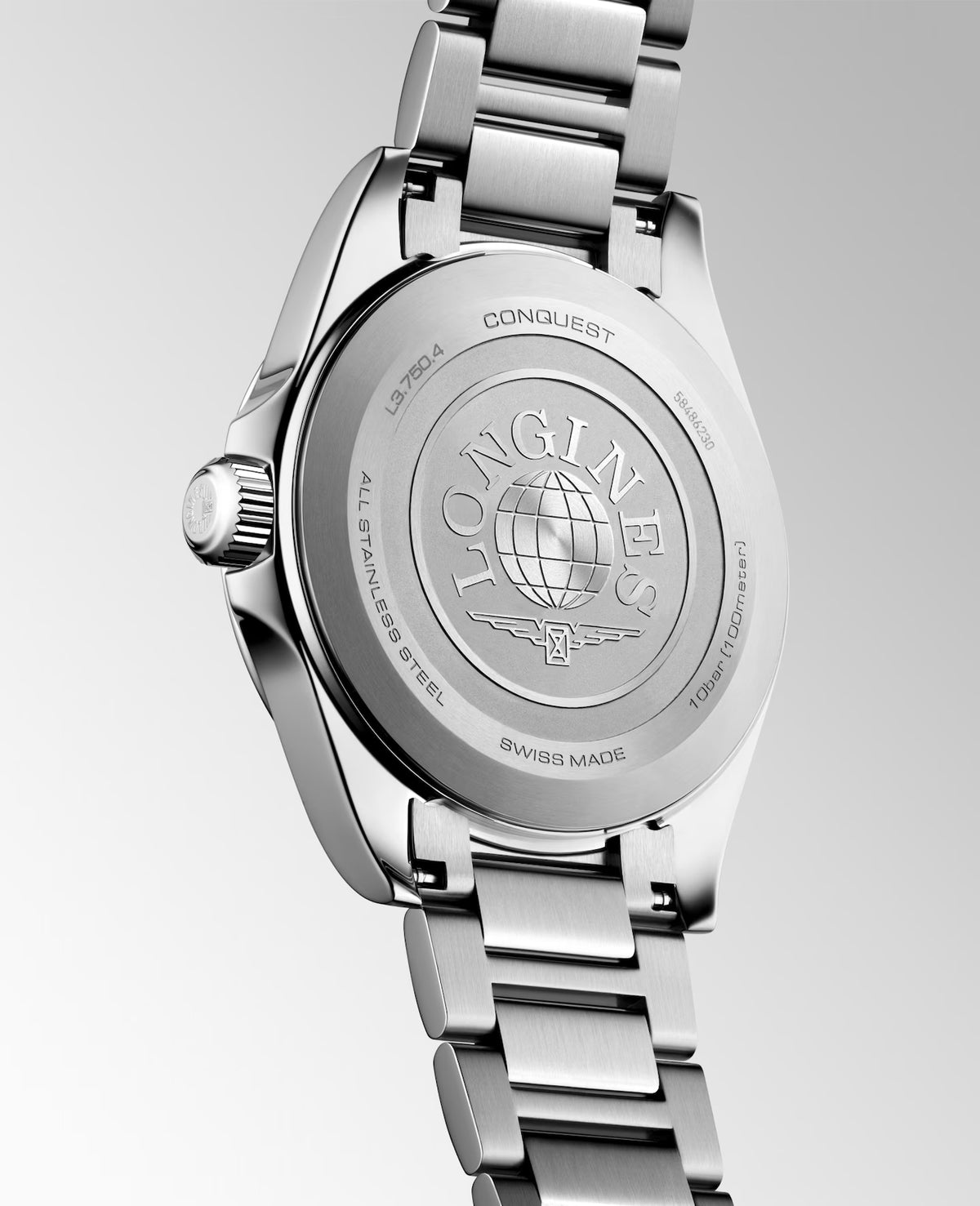 Longines watch with brand logo on a gray background