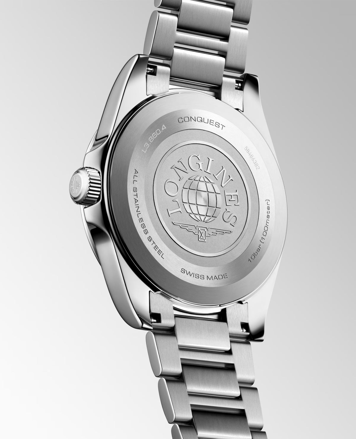 Silver Longines watch with brand logo on a light gray background