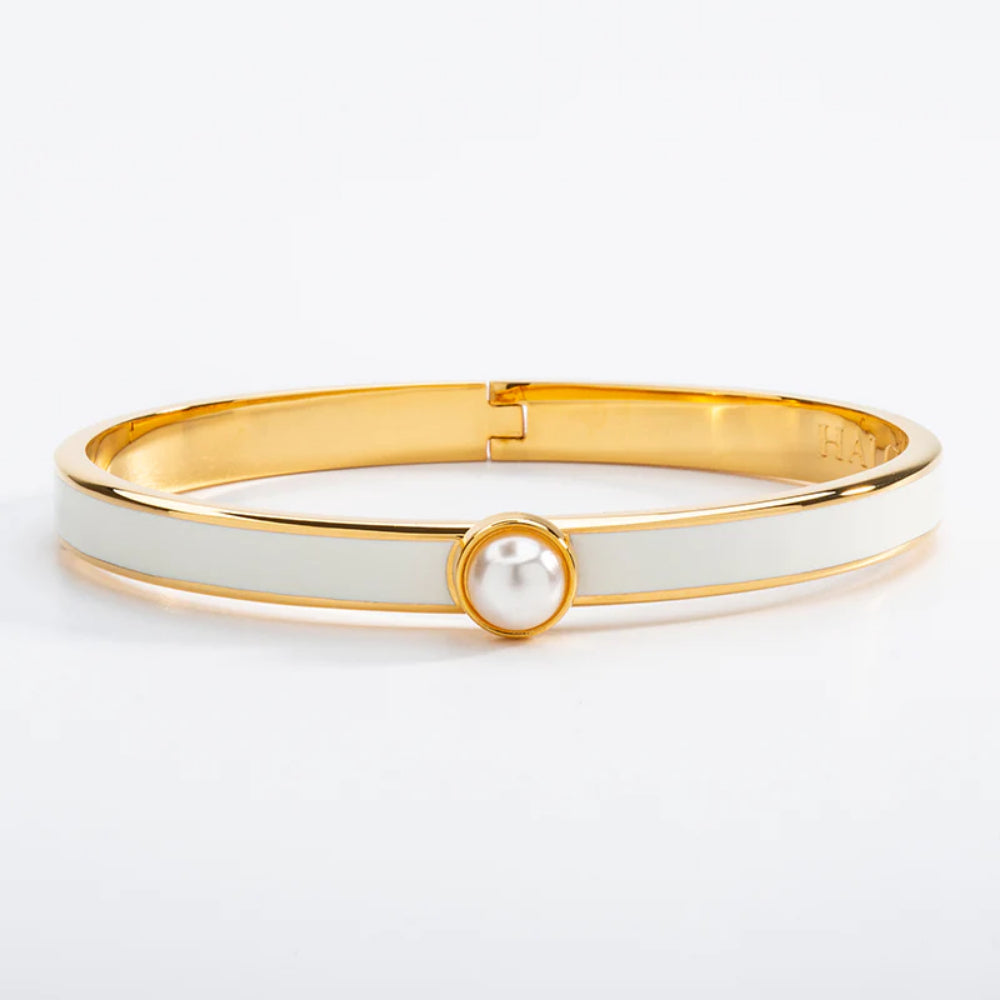 Halcyon Days 6mm Skinny Cabochon Pearl Gold Hinged Enamel Bangle