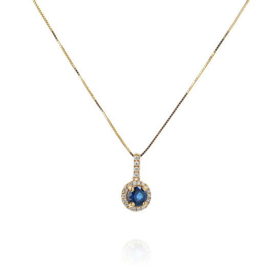 14k Yellow Gold Round Sapphire and Diamond Halo Pendant Necklace
