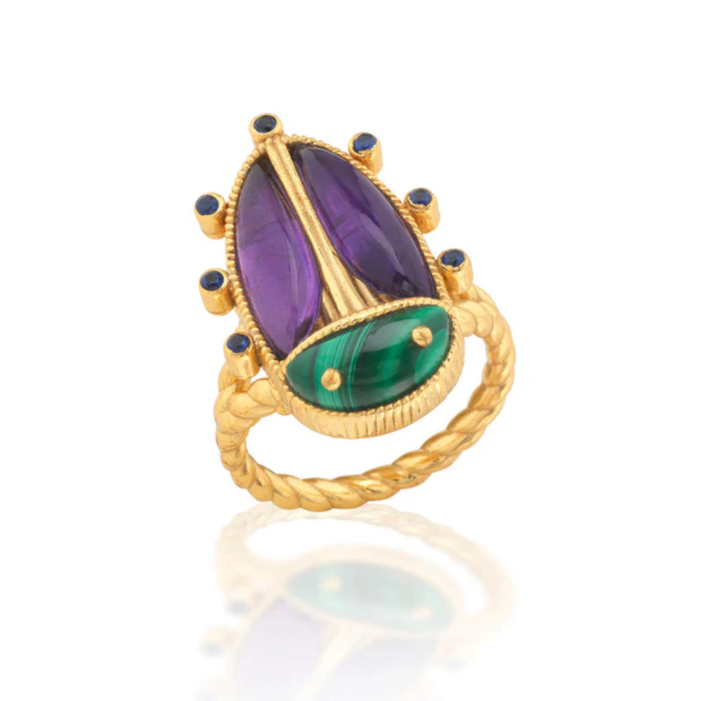 Capucine de Wulf Scarab Grande Ring - Malachite/Amethyst - Size 8