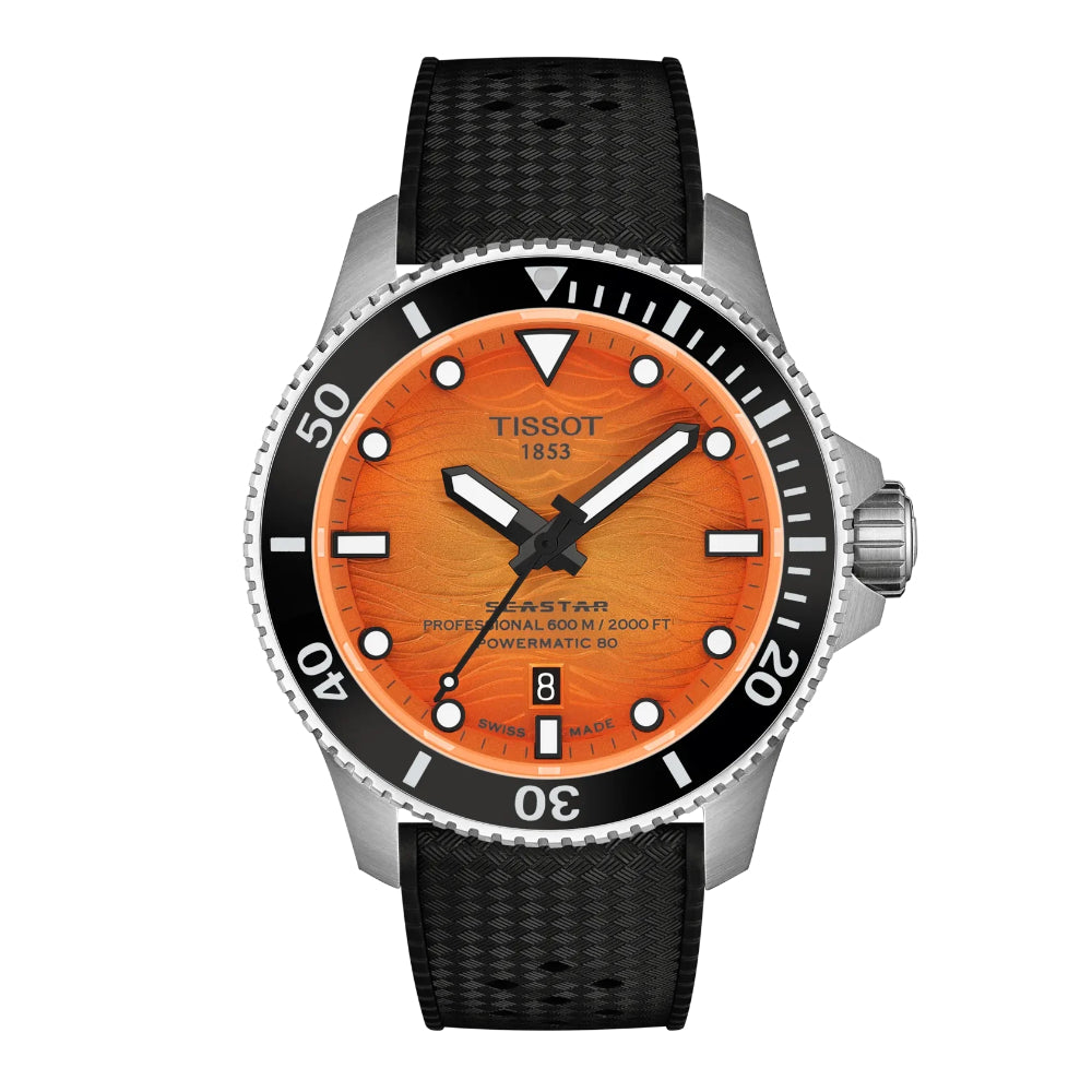 Tissot watch with orange face and black strap on a white background