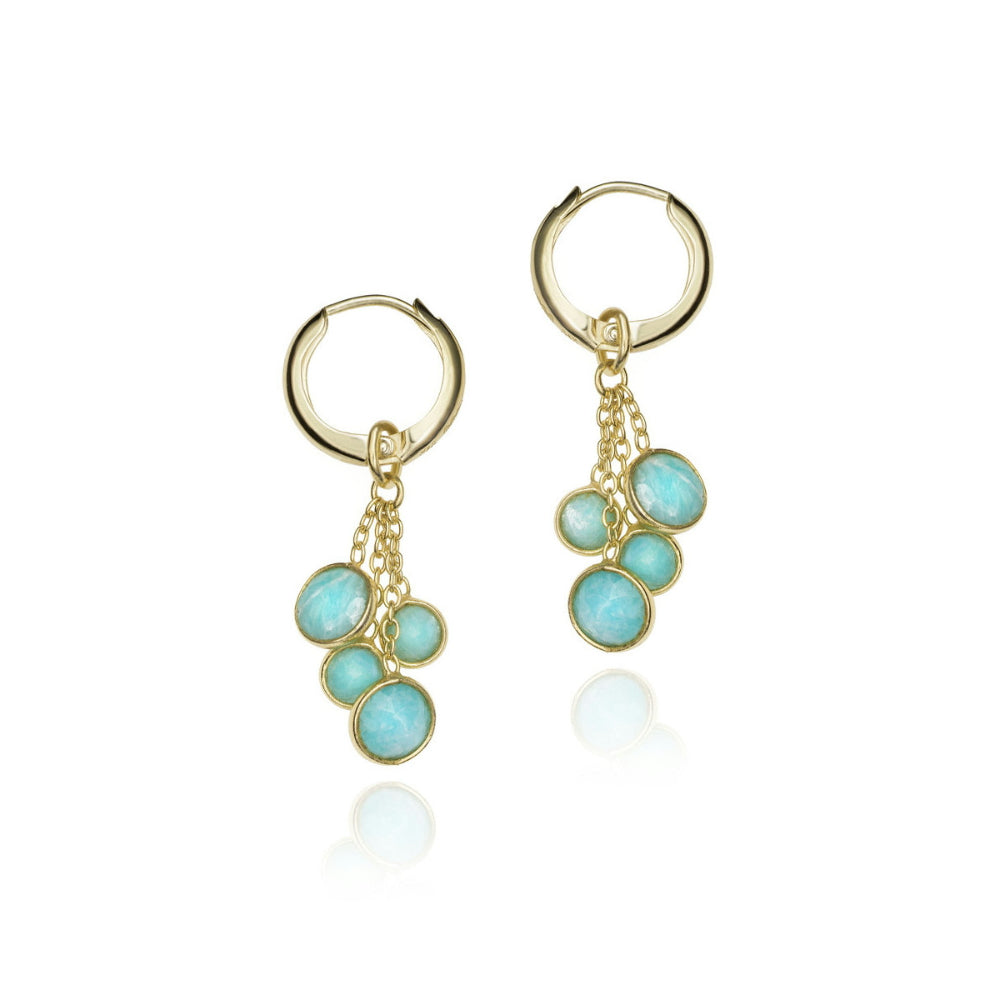 Gold earrings with turquoise stones on a white background